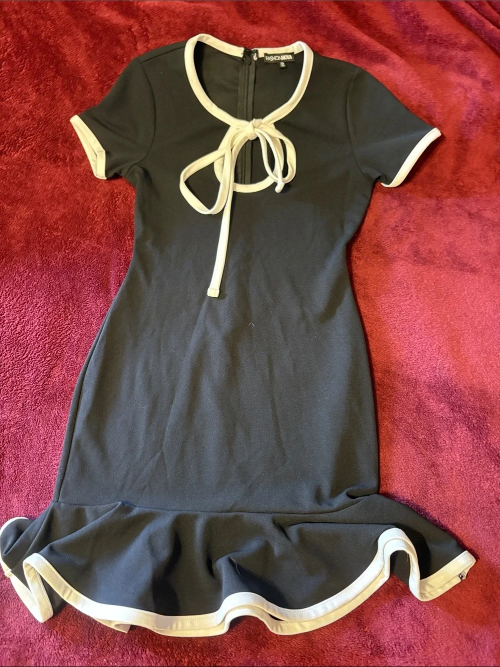 Fashion Nova Black Dress with Cream Contrast Trim and Tie Neck